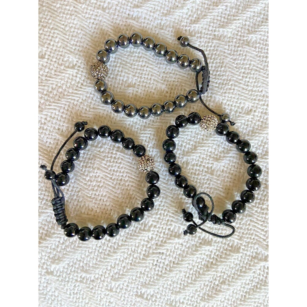 Unisex Black Beaded Onyx Bracelet, Set of 3, Rhinestone Ball, Adjustable Close